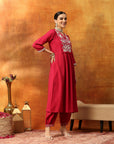 A-Line Kurta Set with Lucknavi Embroidery, Palazzo & Embroidered Supernet Dupatta