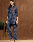 Blue Indo-Western Co-ord with Embroidered Shirt Collar Tunic & Printed Palazzo