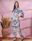 Blue Floral Kurta Set with Mandarin Collar & Laced Bell Sleeves