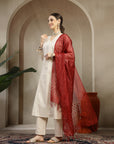 Cotton Flex Kurta Set with Embroidery, Palazzo & Organza Tassel Dupatta