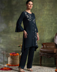 Solid A-Line Viscose Rayon Kurta Set with Thread Embroidery & Bell Sleeves