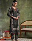 Printed Linen Kurta Set with Mirror Embroidery & Striped Dupatta
