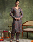 Floral Pashmina Wool Kurta Set with Chiffon Dupatta