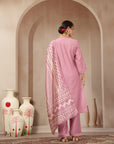 Vetican Fabric Kurta Set with Embroidered Round Neck, Palazzo & Striped Silk Dupatta