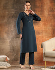 Denim Wool Kurta Set with Thread Embroidery & Palazzo