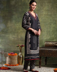 Printed Linen Kurta Set with Mirror Embroidery & Striped Dupatta