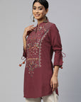Maroon Viscose Kurti with Mandarin Collar & Embroidered Yoke