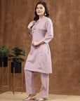 Lavender Cotton Co-ord Set with Tonal Embroidery & Laced Sleeve