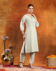 Twill Weave Embroidered Kurta Set with Lace-Trimmed Palazzo