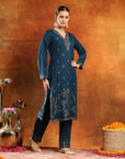 Calf-Length Jacquard Wool Kurta Set with Swarovski Detail & Dupatta