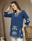 Thread Embroidered Cotton Kurti with Lace-Trim Sleeves