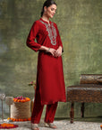Poly Viscose Kurta Set with Zari-Embroidered Mandarin Collar