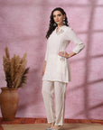 Ivory Co-ord Set with Floral Embroidered Tunic & Pocketed Palazzo