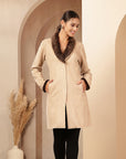 Suede Long Coat with Fur Collar & Sleeve Detailing