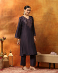 Art Silk Embroidered Kurta Set with Palazzo & Silk Dupatta