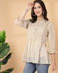 Cream embroidered georgette top with mandarin collar & 3/4th sleeves