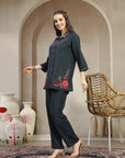 Solid Viscose Rayon Co-ord Set with Embroidered Shirt Collar