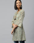 Floral Printed Cotton A-Line Kurti with Tie-Up Neck