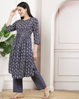 Navy Modal Chanderi Floral Kurta Set with Palazzo