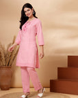 Pink Cotton Co-ord Set with Tonal Embroidery & Laced Sleeve