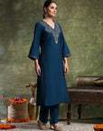 Zari-Embroidered Poly Viscose Kurta Set with Printed Chanderi Dupatta