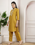 Mustard Embroidered Cotton Linen Kurta Set with Palazzo
