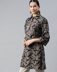 Floral Printed A-Line Modal Chanderi Kurti with Shirt Collar