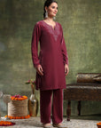 Velvet Embroidered Kurta Set with Organza Patti Sleeves & Palazzo