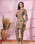 Brown Floral Rayon Co-ord Set with Bell Sleeves and Mandarin Collar