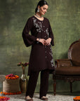 Solid A-Line Viscose Rayon Kurta Set with Thread Embroidery & Bell Sleeves