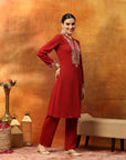 Wool Blend Solid Kurta Set with Thread Embroidery & Elasticated Palazzo