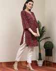 Purple Paisley Print Cotton Kurti with Mirror Work & Lace Sleeves