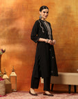 Blended Zari Embroidered Kurta Set with Palazzo & Printed Silk Dupatta