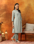 Silk Blend Embroidered Kurta Set with Palazzo & Lace Hem