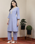 Embroidered blue cotton linen kurta set with lace-detailed palazzo