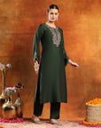 Poly Viscose Embroidered Kurta Set with Silk Palazzo & Printed Chiffon Dupatta