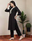 Embroidered black cotton linen kurta set with lace-detailed palazzo