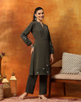 Wool Blend Kurta Set with Embroidered Yoke, Smocked Sleeves & Palazzo