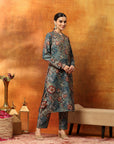 Wool Blend Floral Printed Kurta Set with Mandarin Collar, Zari Work & Printed Palazzo