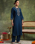 Zari-Embroidered Viscose Blend Kurta Set with Art Silk Dupatta