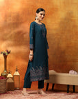 Floral Wool Blend Kurta Set with Embroidered Mandarin Collar & Printed Dupatta