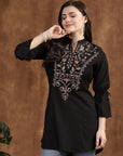 Black Viscose Kurti with Mandarin Collar & Embroidered Yoke