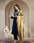 Velvet Straight Kurta Set with Zari Embroidery & Banarasi Dupatta