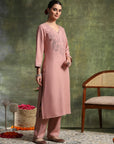 Twill Embroidered Kurta Set with Palazzo & Bandhani Art Silk Dupatta
