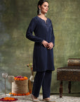 Velvet Embroidered Kurta Set with Organza Patti Sleeves & Palazzo