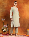 Knitted Wool Kurta Set with Ari Embroidery & Tasselled Dupatta