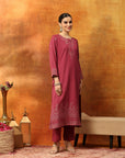 Floral Wool Blend Kurta Set with Embroidered Mandarin Collar & Printed Dupatta