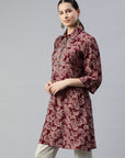 Floral Printed A-Line Modal Chanderi Kurti with Shirt Collar