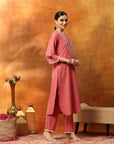 Fringe-Detailed Cotton Kurta Set with Embroidered Yoke & Dupatta