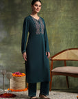 Wool Blend Calf-Length Kurta Set with Round Neck & Thread Embroidery